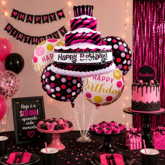 Kit Balão Metalizado Happy Birthday com 5 Peças