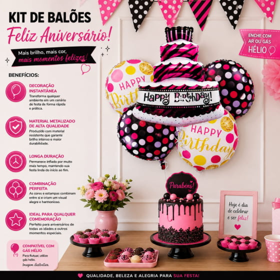 Kit Balão Metalizado Happy Birthday com 5 Peças
