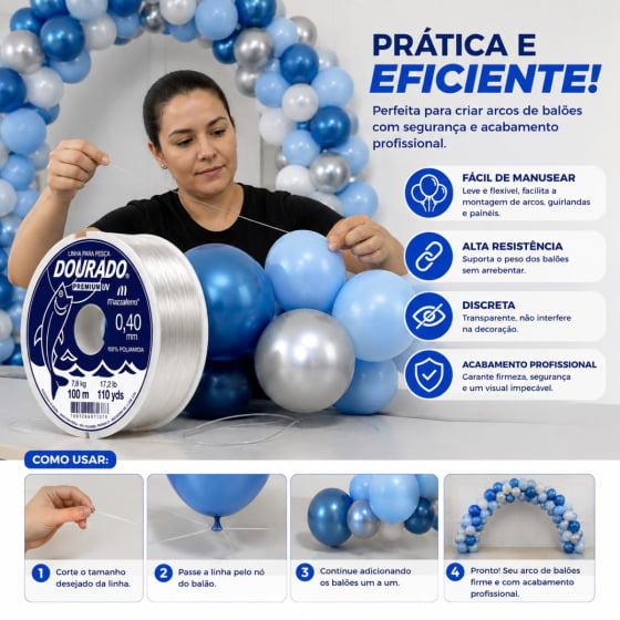 Linha de Nylon 0,40 mm 100 metros para Decoração com Balões