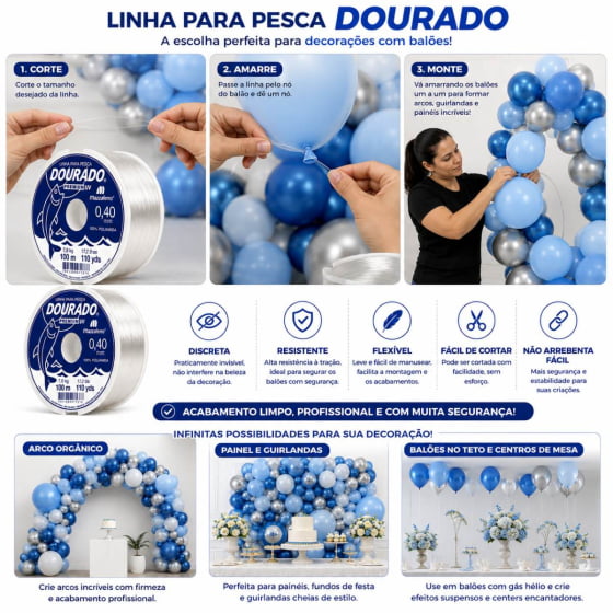 Linha de Nylon 0,40 mm 100 metros para Decoração com Balões