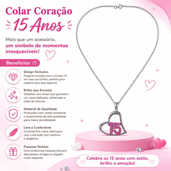 Colar de Metal Coração Debutante 15 Anos