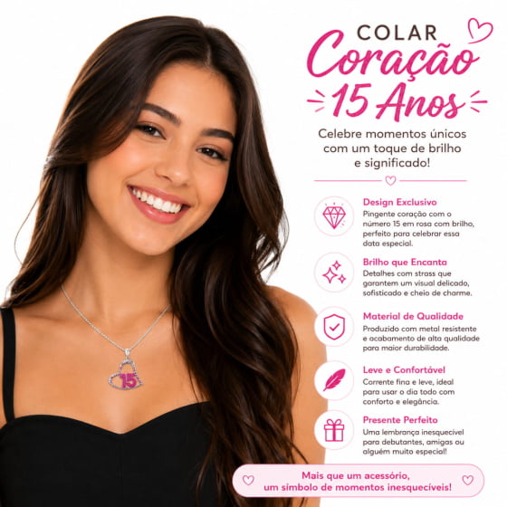 Colar de Metal Coração Debutante 15 Anos