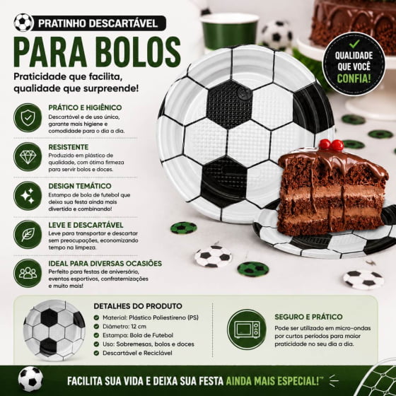 Prato de Bolo Descartável 15 cm Tema Futebol - 10 unidades