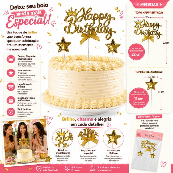 Topo de Bolo Decorativo Escrita Happy Birthday de Plástico com 3 Hastes