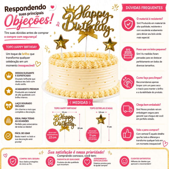 Topo de Bolo Decorativo Escrita Happy Birthday de Plástico com 3 Hastes