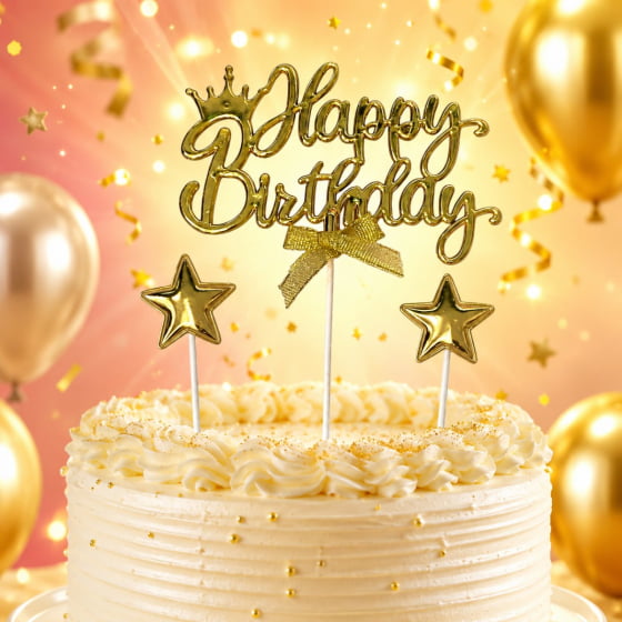 Topo de Bolo Decorativo Escrita Happy Birthday de Plástico com 3 Hastes