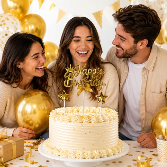 Topo de Bolo Decorativo Escrita Happy Birthday de Plástico com 3 Hastes
