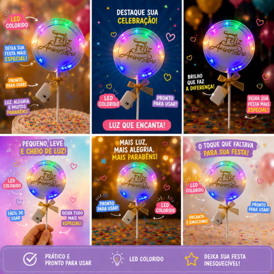 Topo de Bolo Feliz Aniversário com Luz e Led Escolha Modelo