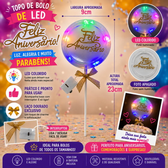 Topo de Bolo Feliz Aniversário com Luz e Led Escolha Modelo