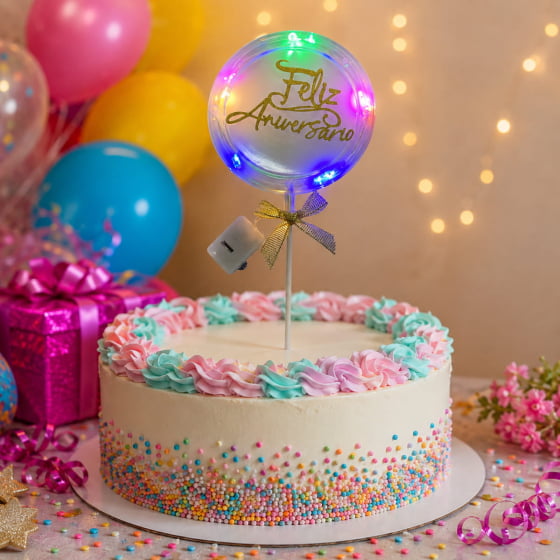 Topo de Bolo Feliz Aniversário com Luz e Led Escolha Modelo