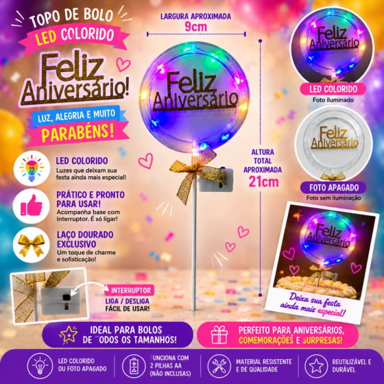 Topo de Bolo Feliz Aniversário com Luz e Led Escolha Modelo