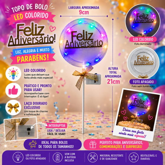 Topo de Bolo Feliz Aniversário com Luz e Led Escolha Modelo