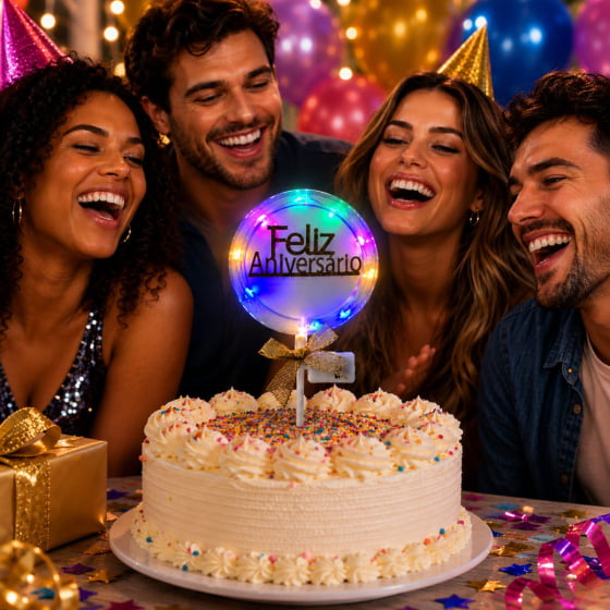 Topo de Bolo Feliz Aniversário com Luz e Led Escolha Modelo