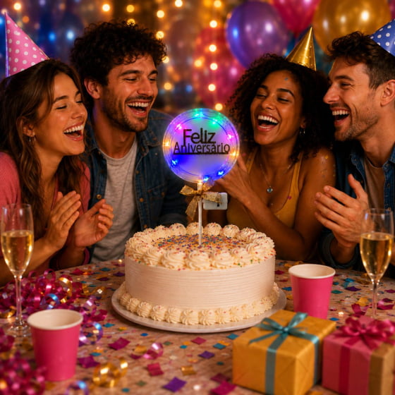 Topo de Bolo Feliz Aniversário com Luz e Led Escolha Modelo