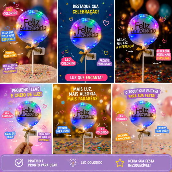 Topo de Bolo Feliz Aniversário com Luz e Led Escolha Modelo