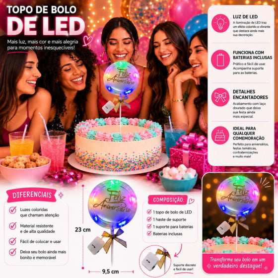 Topo de Bolo Feliz Aniversário com Luz e Led Escolha Modelo
