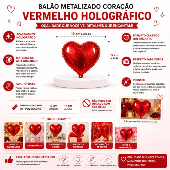 Balão Metalizado Coração Vermelho 10" polegadas