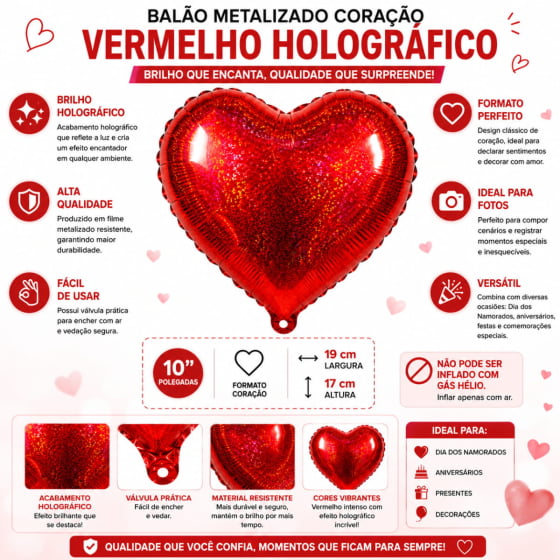 Balão Metalizado Coração Vermelho 10" polegadas