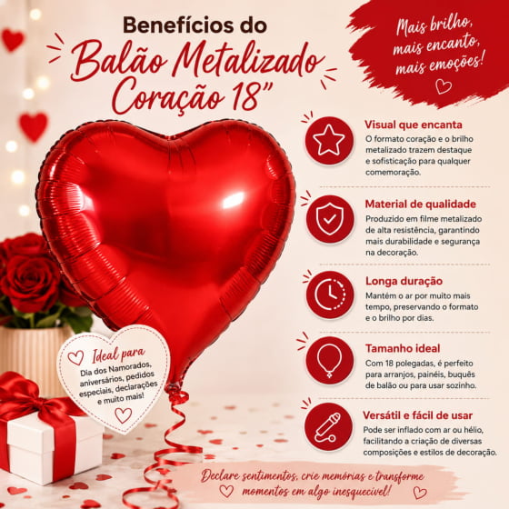 Balão Metalizado Coração Vermelho 18" polegadas