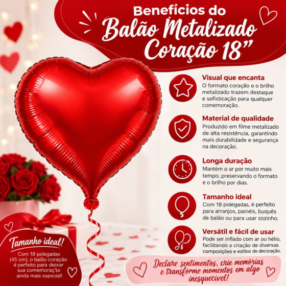 Balão Metalizado Coração Vermelho 18" polegadas
