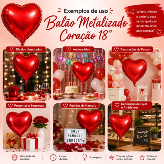 Balão Metalizado Coração Vermelho 18" polegadas