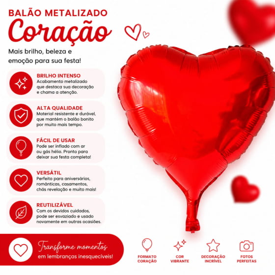 Balão Metalizado Coração Vermelho 18" polegadas