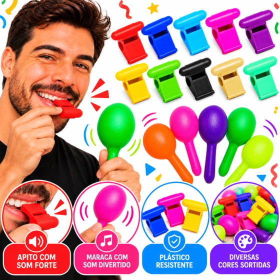 Kit Do Barulho Com 5 Maracas 12 Apitos Alegrar Sua Festa