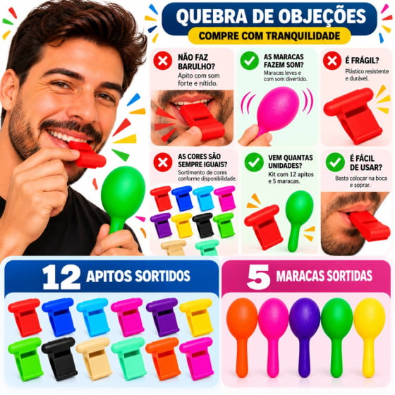 Kit Do Barulho Com 5 Maracas 12 Apitos Alegrar Sua Festa