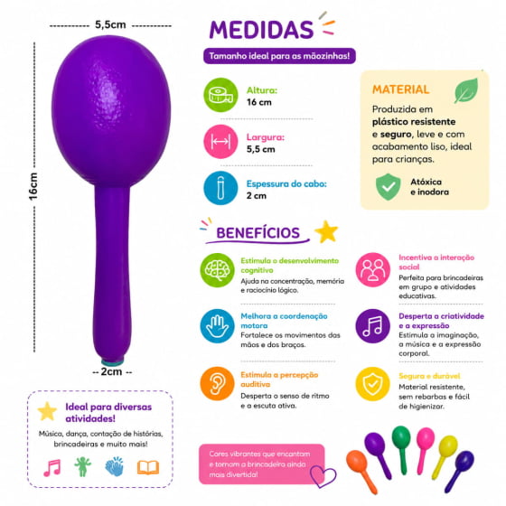 Maraca De Plástico Colorida Musicalização Coordenação Motora - 30 unidades