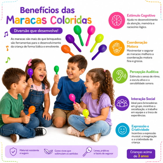 Maraca De Plástico Colorida Musicalização Coordenação Motora - 30 unidades Maraca De Plástico Colorida Musicalização Coordenação Motora - 30 unidades