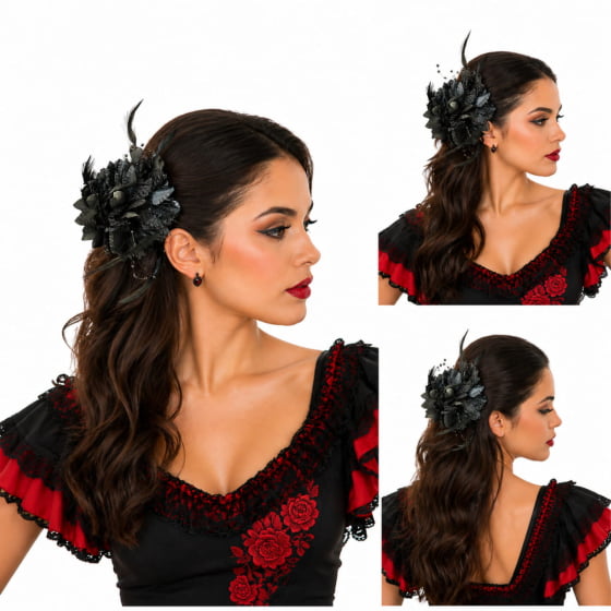 Broche Presilha Flores e Penas Espanhola Fantasia Cosplay