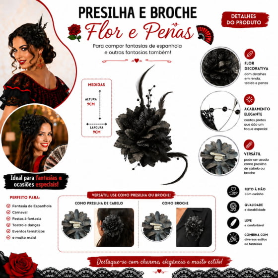 Broche Presilha Flores e Penas Espanhola Fantasia Cosplay