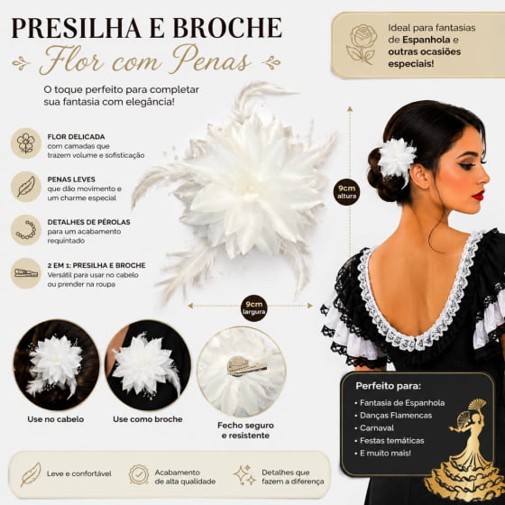 Broche Presilha Flores e Penas Espanhola Fantasia Cosplay