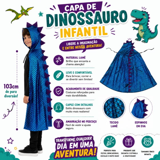 Capa Dinossauro Escama com Capuz Infantil Escolha Cor Capa Dinossauro Escama com Capuz Infantil Escolha Cor