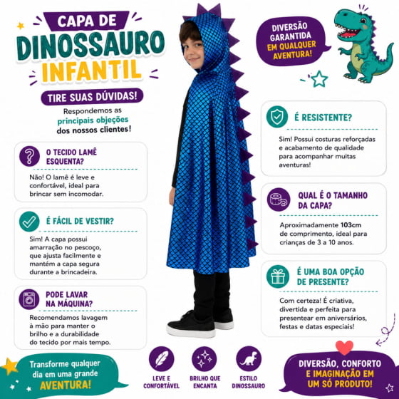 Capa Dinossauro Escama com Capuz Infantil Escolha Cor