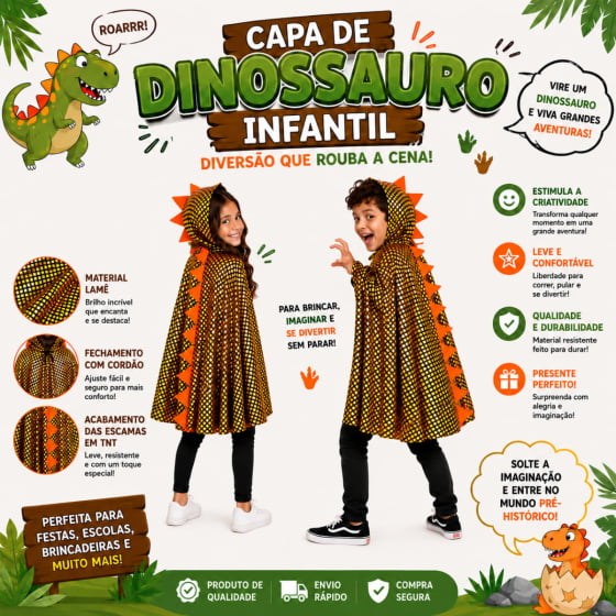 Capa Dinossauro Escama com Capuz Infantil Escolha Cor