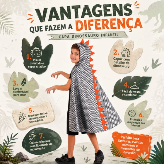 Capa Dinossauro Escama com Capuz Infantil Escolha Cor