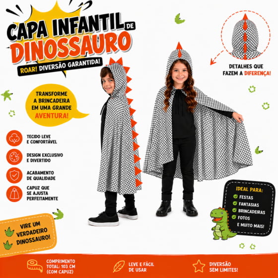 Capa Dinossauro Escama com Capuz Infantil Escolha Cor