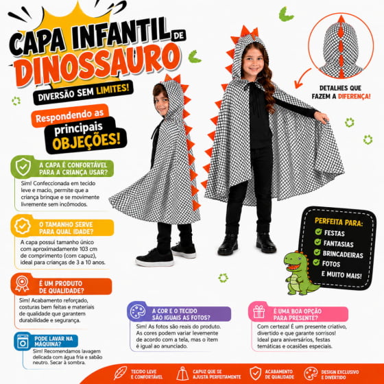 Capa Dinossauro Escama com Capuz Infantil Escolha Cor