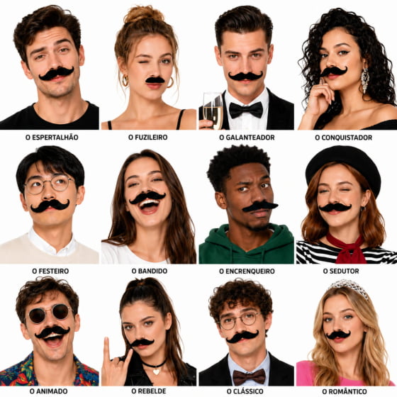 Cartela de Bigode Mustache Modelos Diversos - 12 unidades