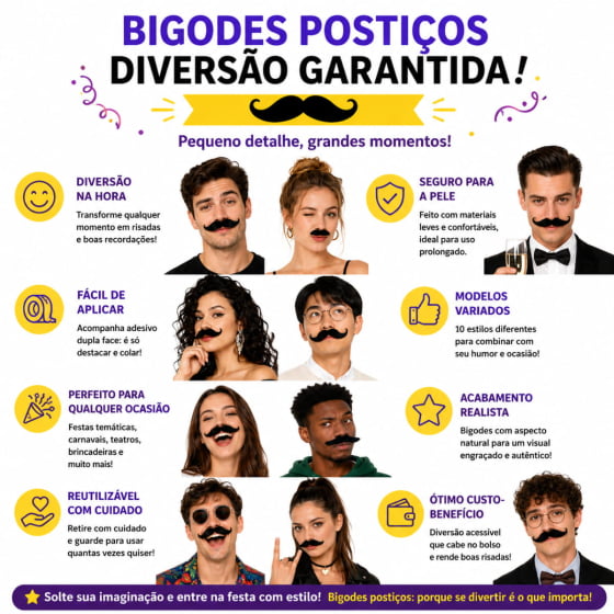Cartela de Bigode Mustache Modelos Diversos - 12 unidades