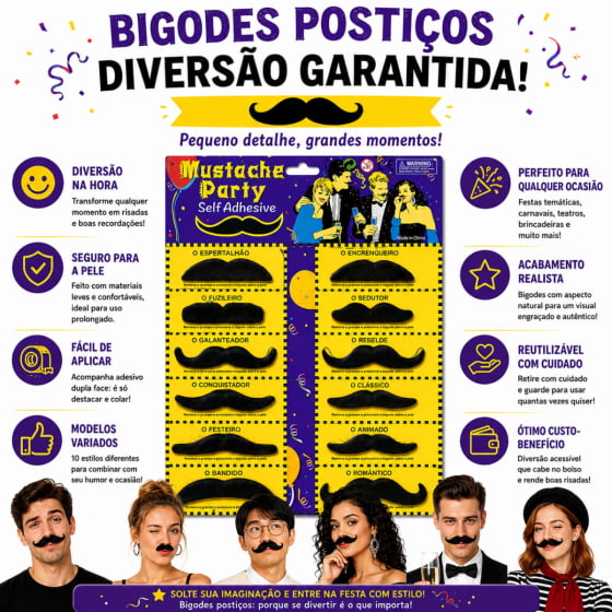 Cartela de Bigode Mustache Modelos Diversos - 12 unidades
