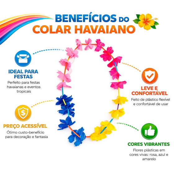Colar Havaiano Tradicional Colorido - 12 unidades