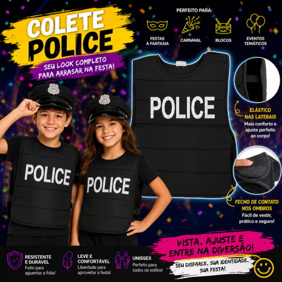 Colete Poliéster Infantil Fantasia Policial Police
