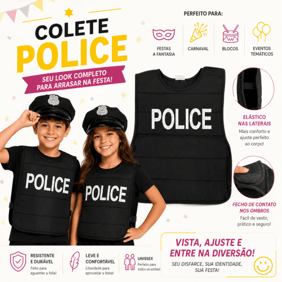 Colete Poliéster Infantil Fantasia Policial Police