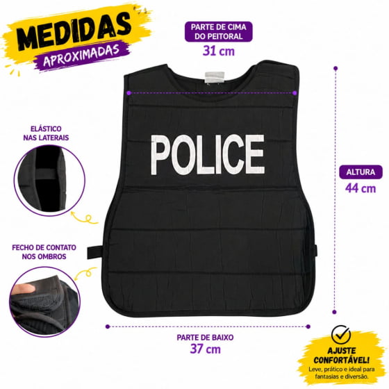 Colete Poliéster Infantil Fantasia Policial Police