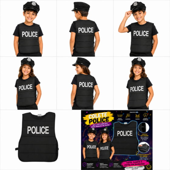 Colete Poliéster Infantil Fantasia Policial Police