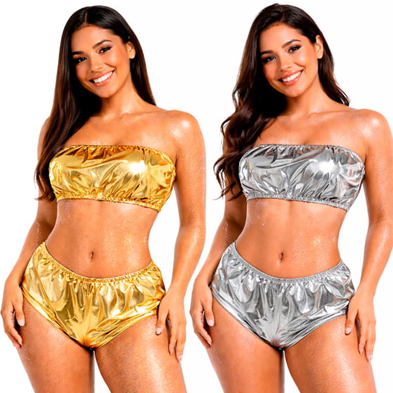 Conjunto Biquini Hot Pants Laminado Metalizado Coleção Carnaval