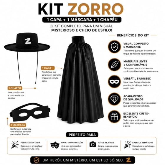 Fantasia Zorro Masculina Ou Feminina Chapéu Capa Máscara