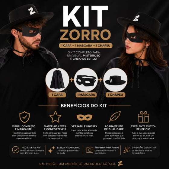 Fantasia Zorro Masculina Ou Feminina Chapéu Capa Máscara